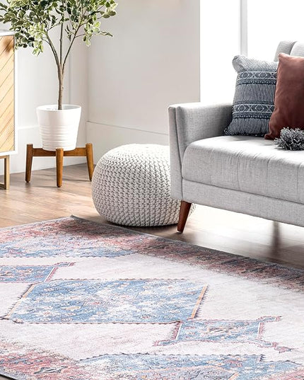 nuLOOM Olga Machine Washable Distressed Vintage Medallion Ultra Thin Runner Rug, 2' 6" x 8', Blue - LeafyLoom