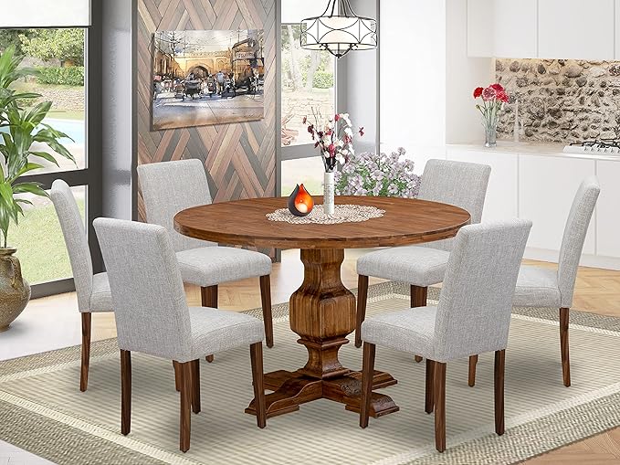 East West Furniture I3AB7-N35 Irving 7 Piece Set Consist of a Round Dining Room Table with Pedestal and 6 Doeskin Linen Fabric Upholstered Parson Chairs, 48x48 Inch - LeafyLoom