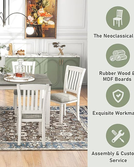 RITSU 7-Piece Dining Set Wood Rectangular Table and 6 Upholstered Chairs with Shaped Legs for Living Furniture, Guest Room, Home Bar, and Kitchen, Gray+White, Natural Cherry - LeafyLoom