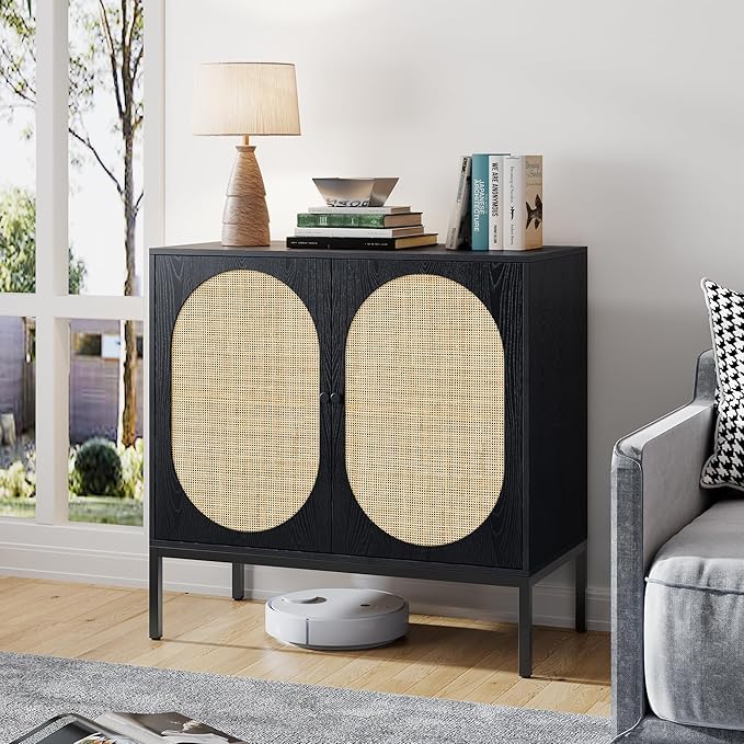 Brafab Rattan Cabinet Buffet Cabinet, Sideboard Cabinet with Natural Rattan Decorated Doors, Accent Cabinet, for Living Room, Entryway, Bedroom, Dining Room/Oval Doors, Black - LeafyLoom