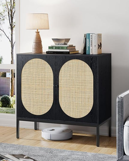 Brafab Set of 2 Rattan Cabinet Buffet Cabinet, Sideboard Cabinet with Natural Rattan Decorated Doors, Accent Cabinet, for Living Room, Entryway, Bedroom, Dining Room/Oval Doors, Black - LeafyLoom