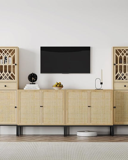 Brafab Set of 2 Tall Cabinet Narrow Storage Linen Cabinet Tall Sideboard Rattan Woven Door Fretwork Pattern Door 1 Drawer - LeafyLoom