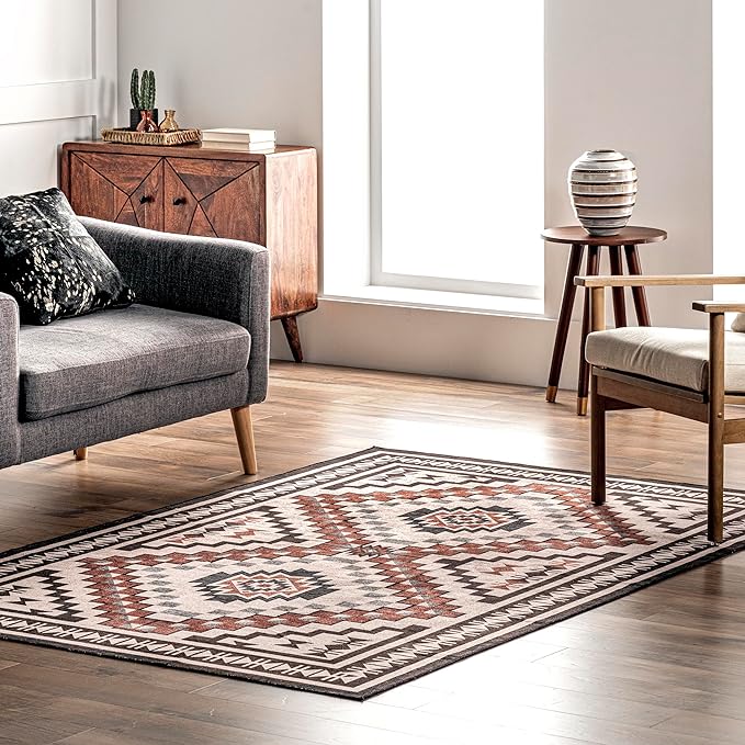 nuLOOM Leighton Machine Washable Southwestern Medallion Ultra Thin Area Rug, 6x9, Beige - LeafyLoom