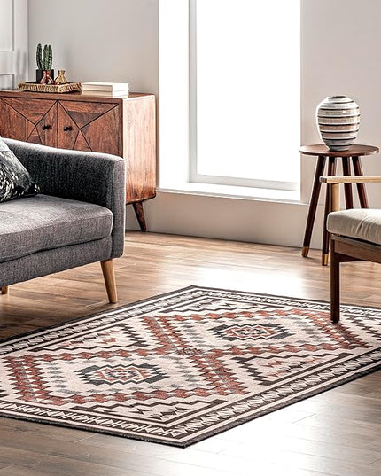 nuLOOM Leighton Machine Washable Southwestern Medallion Ultra Thin Area Rug, 6' Square, Beige - LeafyLoom