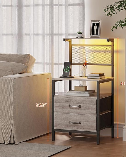 Tall Nightstand with Charging Station and LED Lights, Night Stand with Fabric Drawers, Bedside Table 36.4 Inch with Storage Shelves, Side Table, Mesh Shelves with Metal Hooks, Greige - LeafyLoom