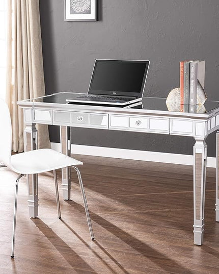 SEI Furniture Glenview Glam Mirrored Writing Desk w/ Drawers, Matte Silver - LeafyLoom