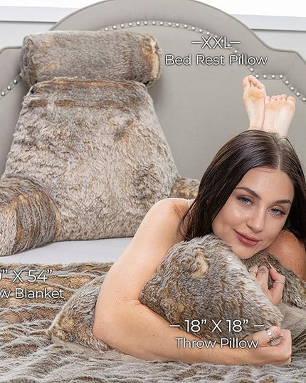 Husband Pillow XXL Ultra Rare Baby Chinchilla Backrest, Two-Tone Reversible Double Sided Fabulous Faux Fur Reading & Bed Rest Pillow with Arms & Neck Roll, Adjustable Memory Foam - Extremely Comfy - LeafyLoom