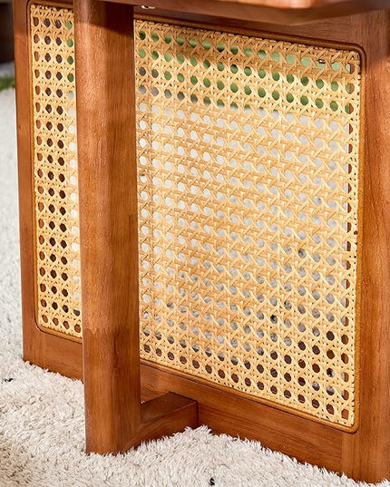 Rattan Coffee Table Rectangular Solid Wood Coffee Table with Cross Table Legs for Living Room Furniture - LeafyLoom