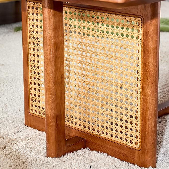 Rattan Coffee Table Rectangular Solid Wood Coffee Table with Cross Table Legs for Living Room Furniture - LeafyLoom