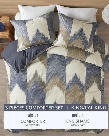 INK+IVY King Size Comforter Set, Cozy Cotton Comforter, All Season, Lightweight Comforter King Bed Set with 2 Matching Shams, Modern Cabin Lodge Ikat Chevron Design, Navy King/Cal King 3 Piece - LeafyLoom