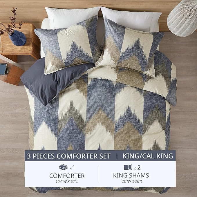 INK+IVY King Size Comforter Set, Cozy Cotton Comforter, All Season, Lightweight Comforter King Bed Set with 2 Matching Shams, Modern Cabin Lodge Ikat Chevron Design, Navy King/Cal King 3 Piece - LeafyLoom