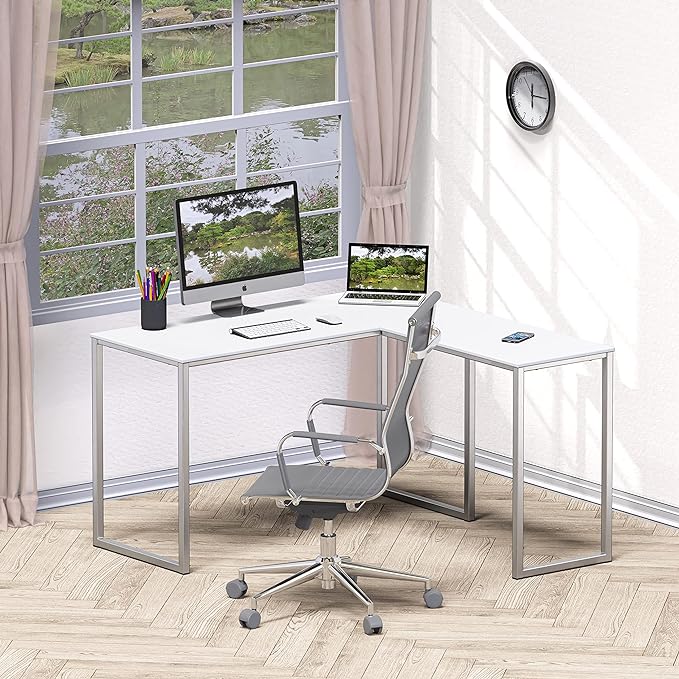 SHW 48-Inch Mission L-Shaped Home Computer Desk, White - LeafyLoom