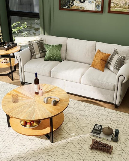 Round Coffee Tables for Living Room, 2 Tier Solid Wood Coffee Table with Storage, Modern Circle Coffee Table with Black Metal Legs, 33.5 x 17.8 inch, Natural Wood Color, KFZ-1338-OA - LeafyLoom