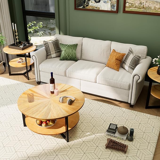 Round Coffee Tables for Living Room, 2 Tier Solid Wood Coffee Table with Storage, Modern Circle Coffee Table with Black Metal Legs, 33.5 x 17.8 inch, Natural Wood Color, KFZ-1338-OA - LeafyLoom