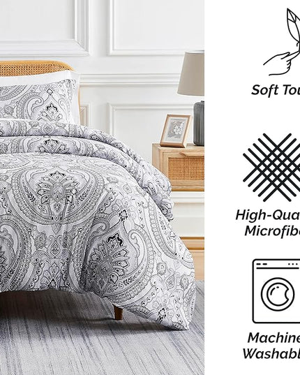 Southshore Fine Living, Inc. Oversized Full/Queen Comforter Bedding Set, Down Alternative Boho Bedspread, Paisley Print Comforter, Full Size/Queen with 2 Matching Shams, Pure Melody Black - LeafyLoom