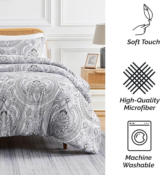 Southshore Fine Living, Inc. Oversized Full/Queen Comforter Bedding Set, Down Alternative Boho Bedspread, Paisley Print Comforter, Full Size/Queen with 2 Matching Shams, Pure Melody Black - LeafyLoom