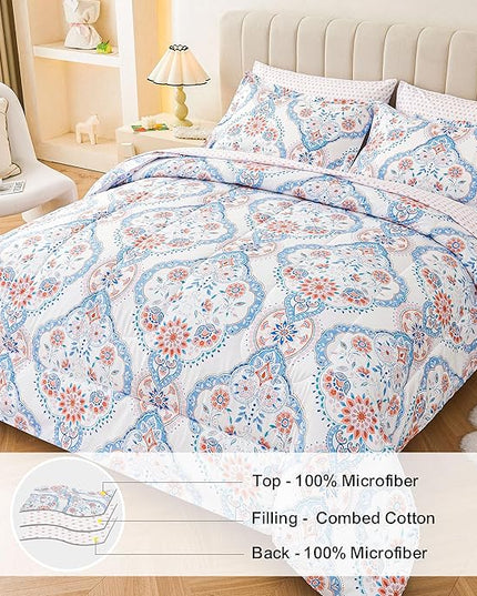 Printed Queen Bedding Sets with Comforter and Sheets, Lightweight Boho Floral 7 Piece Bed in A Bag Comforter Set for Women, Pink and Blue Mandala Flower Pattern - LeafyLoom