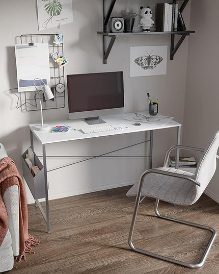 Pamray 47 Inch Computer Desk Small Spaces Desk with Storage Bag for Bedroom Writing and Home Office Work Small Study Desk Table White - LeafyLoom