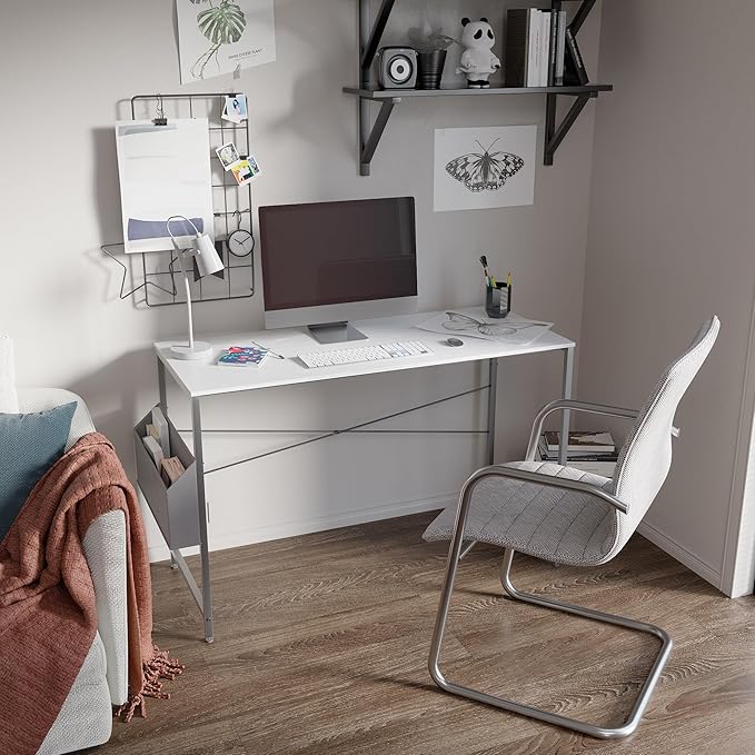 Pamray 47 Inch Computer Desk Small Spaces Desk with Storage Bag for Bedroom Writing and Home Office Work Small Study Desk Table White - LeafyLoom