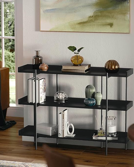 Martha Stewart Emmett 3 Shelf Bookcase with Vertical Metal Frame, Home Office Storage Display Unit, 35"H, Black Wood Grain/Oil Rubbed Bronze - LeafyLoom