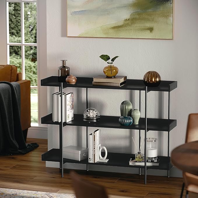 Martha Stewart Emmett 3 Shelf Bookcase with Vertical Metal Frame, Home Office Storage Display Unit, 35"H, Black Wood Grain/Oil Rubbed Bronze - LeafyLoom