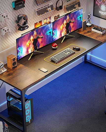 Computer Desk, 80 Inch Office Desk, Gaming Desk with Storage, Writing Desk Work Desk for Home Office, Study, Long Simple Desk, Large Legroom, Metal Frame, Rustic Brown and Black - LeafyLoom