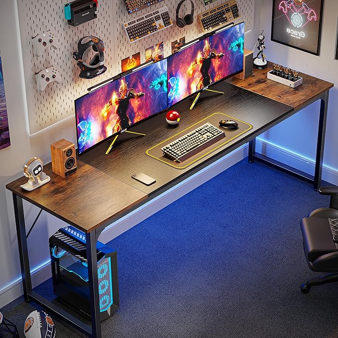 Computer Desk, 80 Inch Office Desk, Gaming Desk with Storage, Writing Desk Work Desk for Home Office, Study, Long Simple Desk, Large Legroom, Metal Frame, Rustic Brown and Black - LeafyLoom