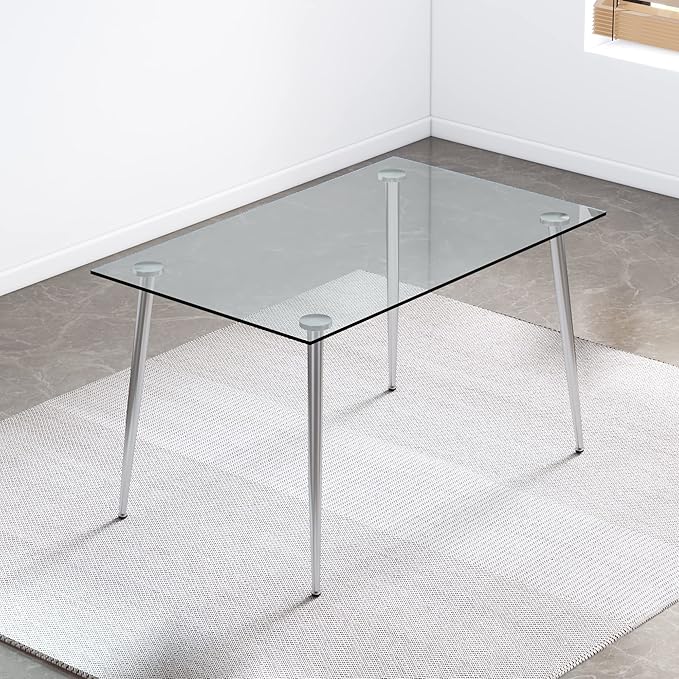 NicBex 51.2Inch Rectangular Dining Table,Modern Kitchen Table with Tempered Glass Tabletop and Silver Plating Metal Legs for 4 to 6,Large Dining Room Table for Kitchen,Meeting Living Room,Transparent - LeafyLoom