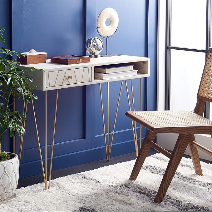 Safavieh Home Office Collection Marigold White Wash and Brass 1-Drawer Hairpin Leg Desk, 0 - LeafyLoom