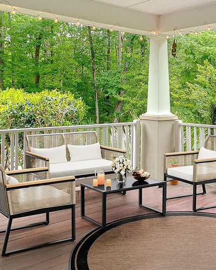 YITAHOME Patio Furniture Wicker Outdoor Bistro Set, 4-Piece All Weather Rattan Conversation Loveseat for Backyard, Balcony and Deck with Wooden Armrest, Gray Cushions and Metal Coffee Table - LeafyLoom