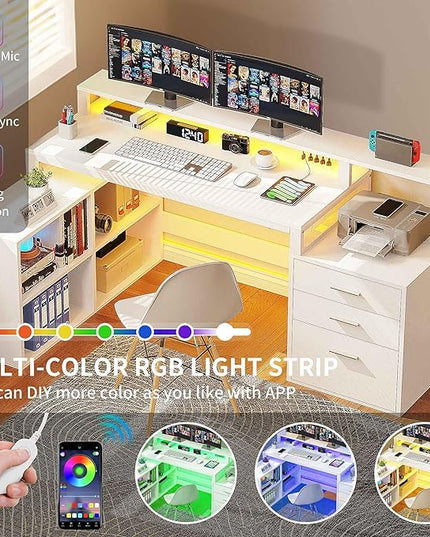 YITAHOME L Shaped Desk with 3 Drawers, 65" Corner Computer Desk with Power Outlets & LED Lights, L-Shaped Desk with File Cabinet & Printer Stand for Home Office, White - LeafyLoom