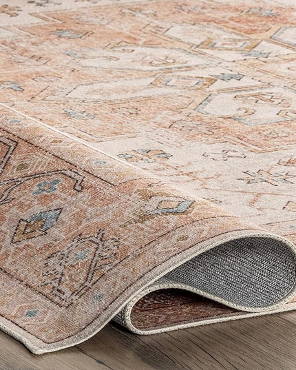 nuLOOM Dawson Machine Washable Distressed Medallion Ultra Thin Runner Rug, 2' 6" x 8', Peach - LeafyLoom