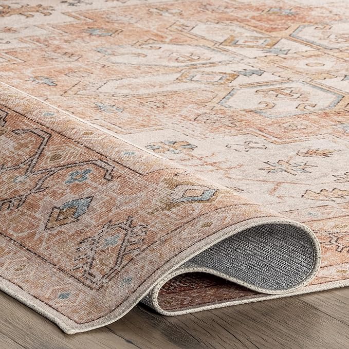 nuLOOM Dawson Machine Washable Distressed Medallion Ultra Thin Runner Rug, 2' 6" x 8', Peach - LeafyLoom