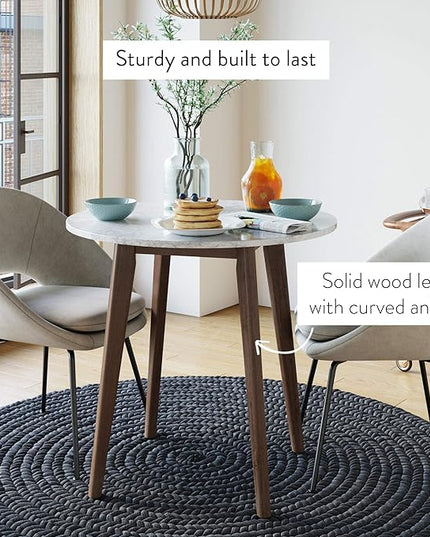 Nathan James Amalia Round Marble Bistro Dining Table with Legs in Wood Finish and Faux White Carrara Marble Table Top, Antique Coffee - LeafyLoom
