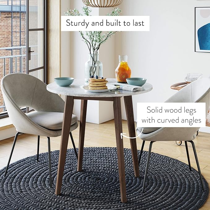 Nathan James Amalia Round Marble Bistro Dining Table with Legs in Wood Finish and Faux White Carrara Marble Table Top, Antique Coffee - LeafyLoom