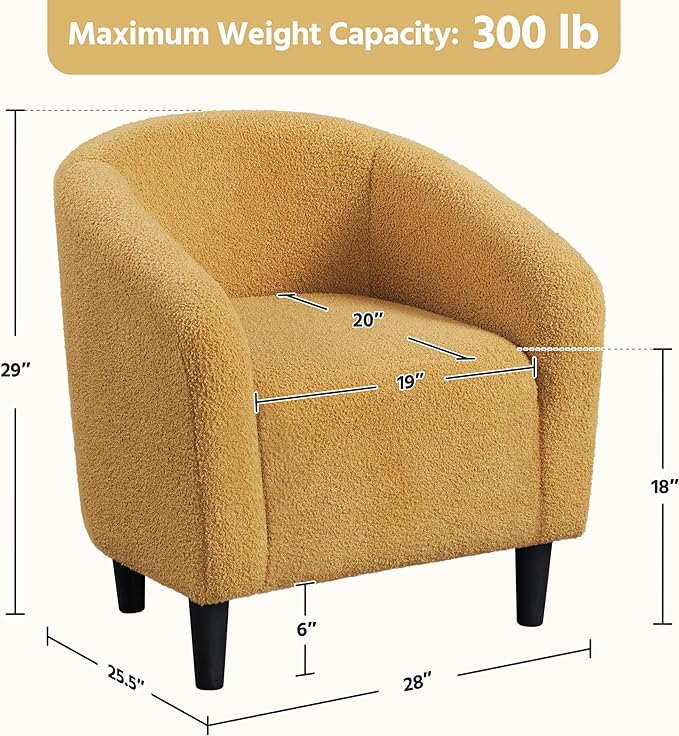 Yaheetech Accent Chair, Cozy Living Room Chairs with Soft Padded, Furry Sherpa Barrel Chair Sturdy Legs, Modern Armchair for Living Room Bedroom Reception Room Office, Mustard Yellow - LeafyLoom