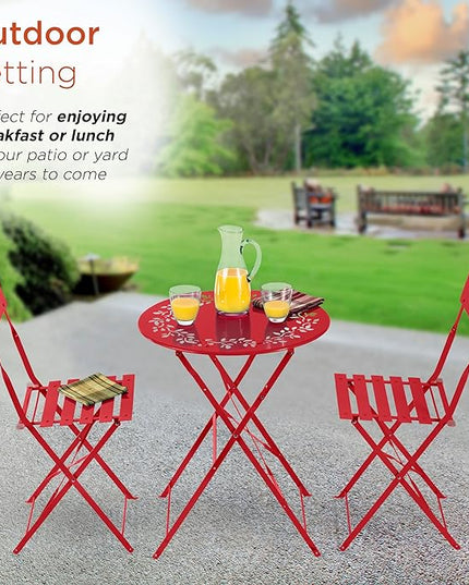 Alpine Corporation Indoor/Outdoor 3-Piece Bistro Set Folding Table and Chairs Patio Seating, Red - LeafyLoom
