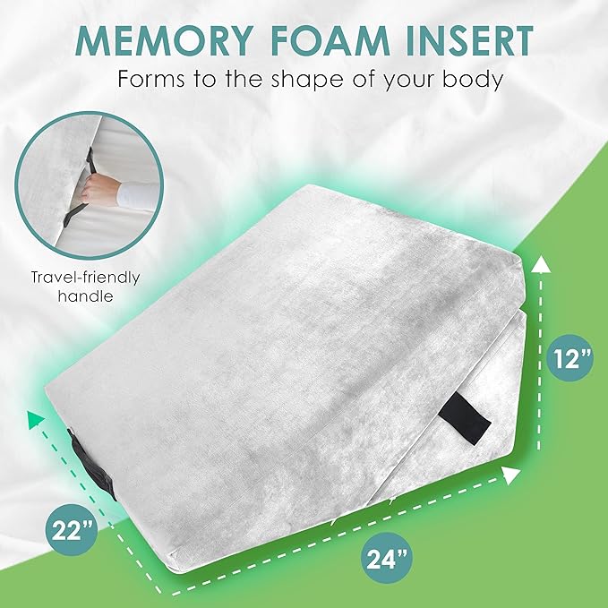 Cushy Form Wedge Pillow for Sleeping - 22 Inch Memory Foam Bed Wedge for Sleeping, Reading, Post Surgery & Leg Elevation - Triangle Pillow with Washable Cover - White - LeafyLoom