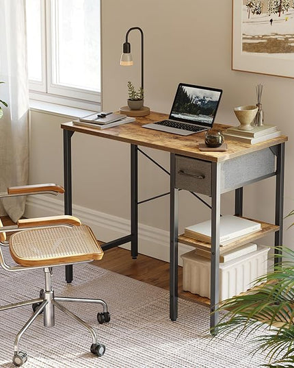 CubiCubi Computer Desk, 35 Inch Small Home Office Desk with Drawer Storage Shelves for Small Space, Writing Study Desk, Rustic Brown - LeafyLoom