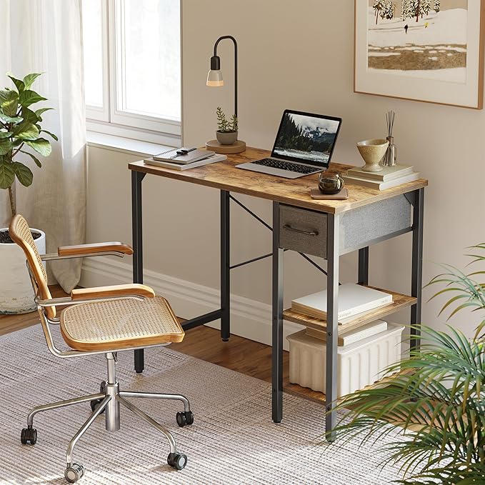 CubiCubi Computer Desk, 35 Inch Small Home Office Desk with Drawer Storage Shelves for Small Space, Writing Study Desk, Rustic Brown - LeafyLoom
