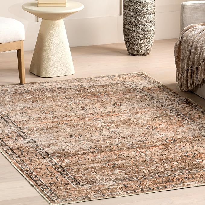 nuLOOM Gwyn Distressed Machine Washable Ultra Thin Area Rug, 5' x 8', Beige - LeafyLoom