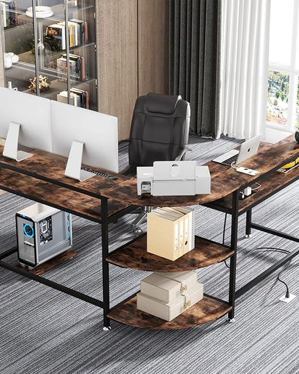 TIYASE L Shaped Desk with Power Outlet and USB Port, 59 in L-Shaped Computer Corner Desk with Storage Shelves, Home Office Desk Workstation with Monitor Stand, Tower Shelf, Rustic Brown - LeafyLoom