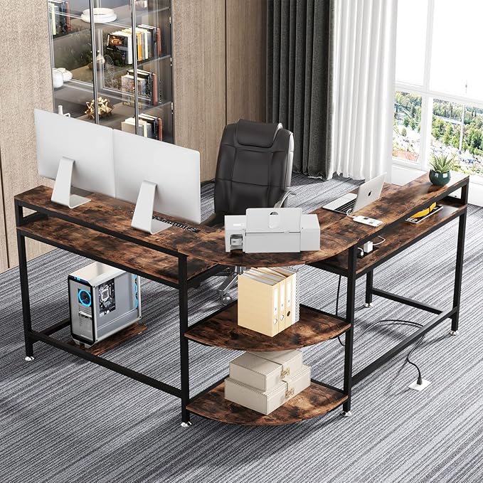 TIYASE L Shaped Desk with Power Outlet and USB Port, 59 in L-Shaped Computer Corner Desk with Storage Shelves, Home Office Desk Workstation with Monitor Stand, Tower Shelf, Rustic Brown - LeafyLoom