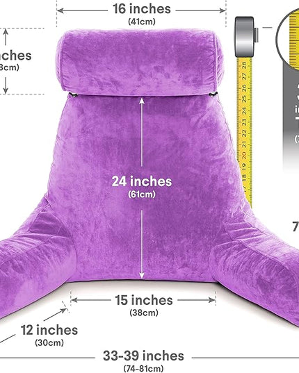 XXL Husband Pillow Light Purple Backrest with Arms - Adult Reading Pillow Shredded Memory Foam, Ultra-Comfy Removable Microplush Cover & Detachable Neck Roll, Unmatched Support Sit Up Bed Chair Pillow - LeafyLoom