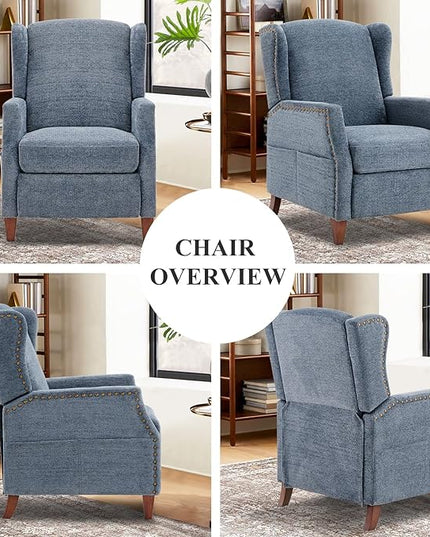 COLAMY Wingback Pushback Recliner Storage Pocket Upholstered Fabric Living Room Chair Armchair, with Wood Legs and Nailhead Trim, Dark Blue - LeafyLoom