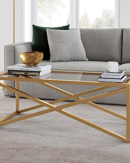 Calix 46'' Wide Rectangular Coffee Table in Brass - LeafyLoom