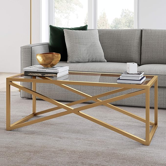 Calix 46'' Wide Rectangular Coffee Table in Brass - LeafyLoom