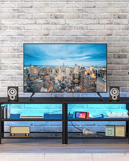Clikuutory Modern Black 63 inch Metal TV Stand with LED Lights and Power Outlets for 40 50 55 60 65 70 Inch TVs, 3 Tier Television Stands with Entertainment Center and Storage for Living Room, Bedroom - LeafyLoom