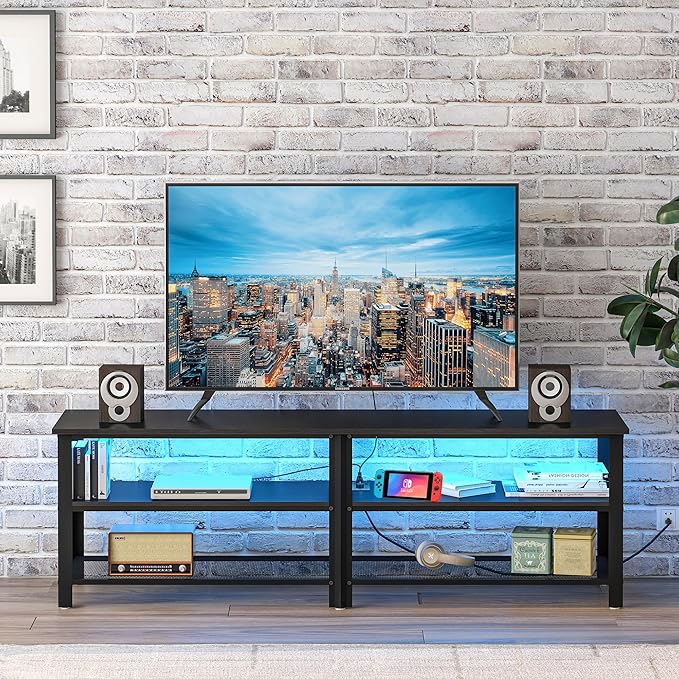 Clikuutory Modern Black 63 inch Metal TV Stand with LED Lights and Power Outlets for 40 50 55 60 65 70 Inch TVs, 3 Tier Television Stands with Entertainment Center and Storage for Living Room, Bedroom - LeafyLoom