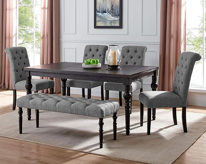 Roundhill Furniture Leviton Urban Style Dark Washed Wood Dining Set: Table, 4 Chairs and Bench, Gray - LeafyLoom